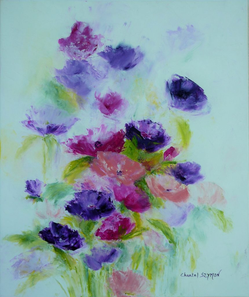 chantal szymoniak artiste peintre peinture a lhuile bouquet fleurs violettes evanescence transparence peinture au couteau tableau a lhuile tableau mauve violet pavots