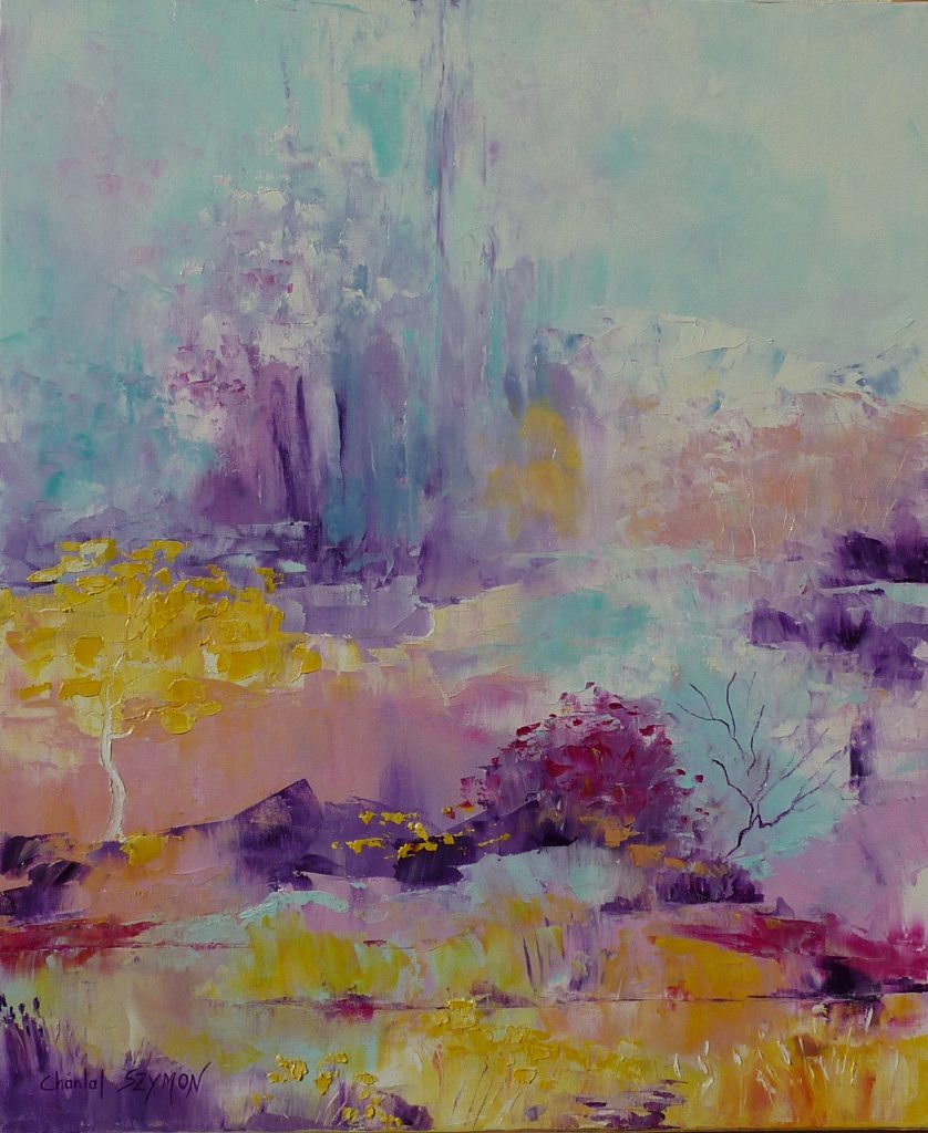 paysage abstrait chantal szymoniak couleurs pastelles peinture a lhuile au couteau arbre jaune rose peinture jaune painture mauve nature foret