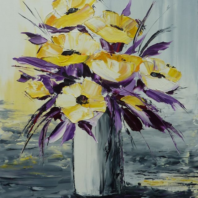 chantal szymoniak artiste peintre peinture a lhuile bouquet fleurs jaunes vase de fleurs peinture au couteau tableau a lhuile tableau gris jaune violet