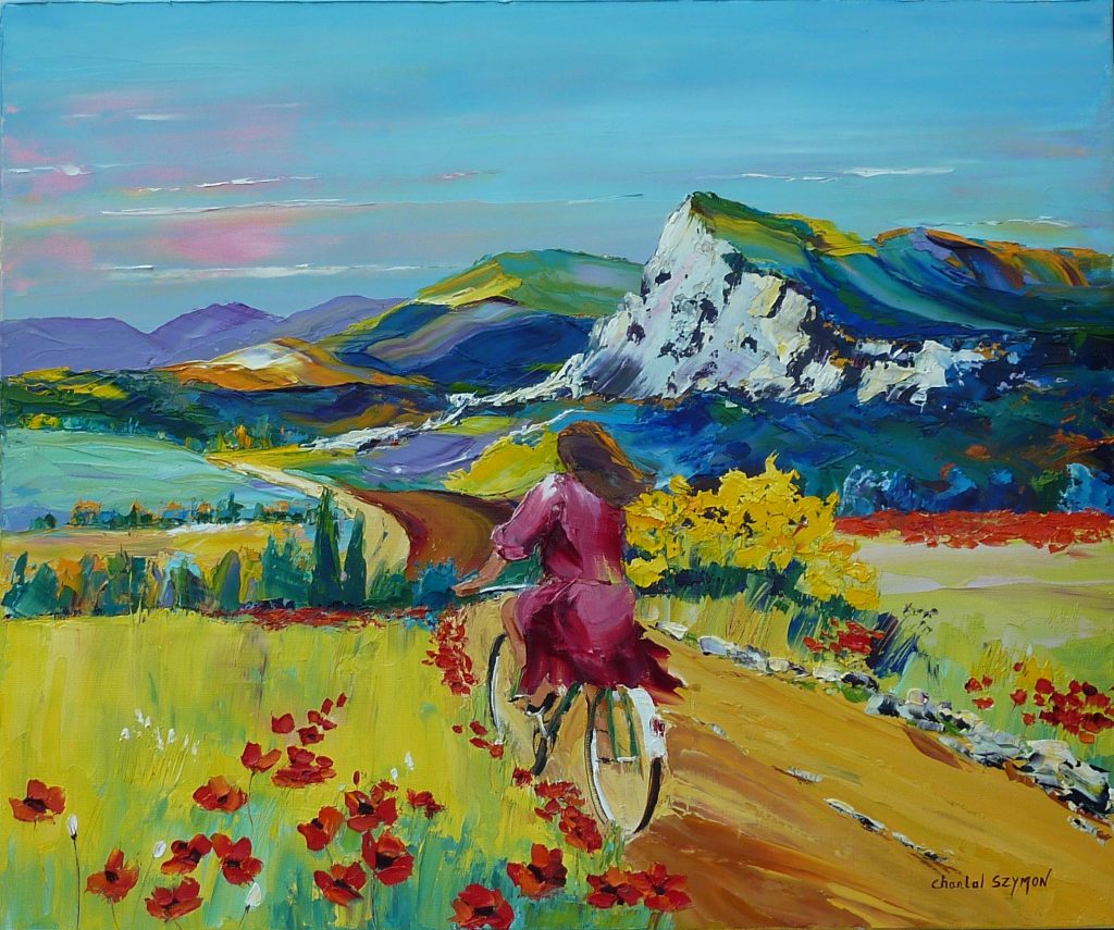 chantal szymoniak geyer artiste paintre christian jequel coquelicots fleurs olivier peinture au couteau cycliste vélo dans la campagne robre rougecueillette femme au chapeau