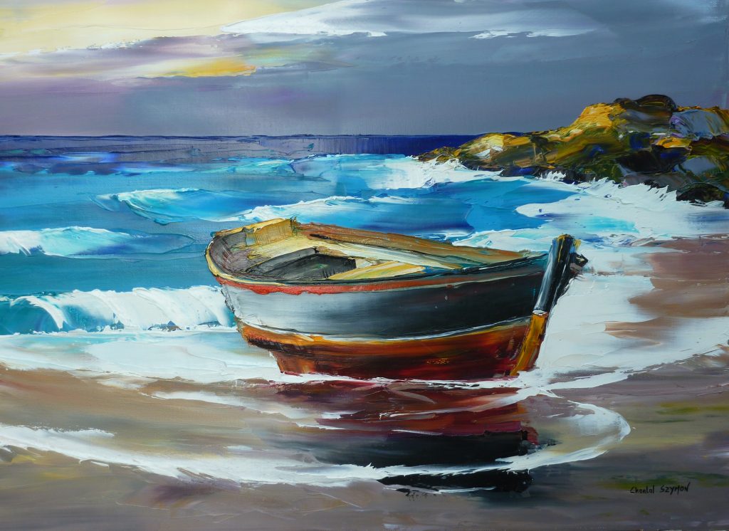 chantal szymoniak chantal geyer artiste peintre peinture huile au couteau mer ocean peinture barque marine vagues christian jequel plage