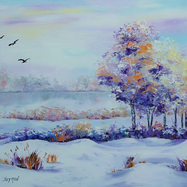 chantal szymoniak artiste peintre peinture a lhuile corbeaux lac gelé arbre hiver neige blanc campagne silencieuse chemin promenade peinture au couteau tableau a lhuile