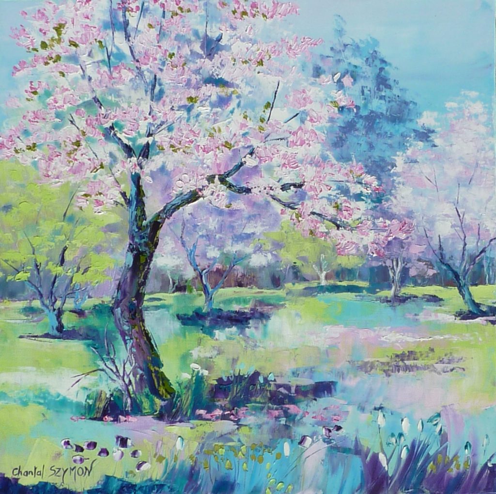 pommier japonais cerisier japonais arbre fleuri arbre rose painture arbre peinture perintemps chantal szymoniak artiste peintre peinture au couteau arbres paysage peint