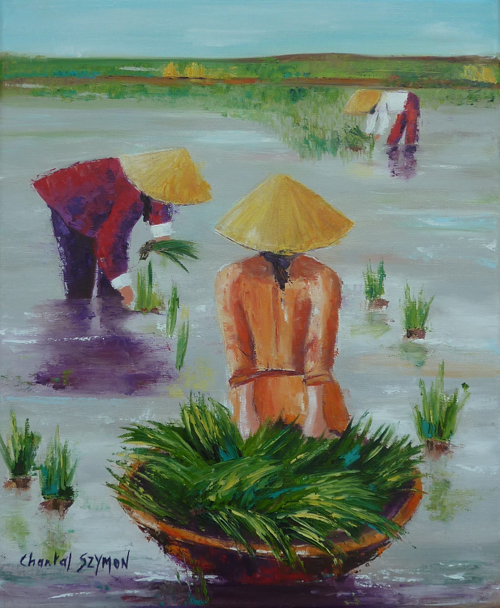 chantal szymoniak chantal geyer peinture a lhuile peinture au couteau chine japon thailande riz cueillette riz plantation riz chapeau chinois les pieds dans leau