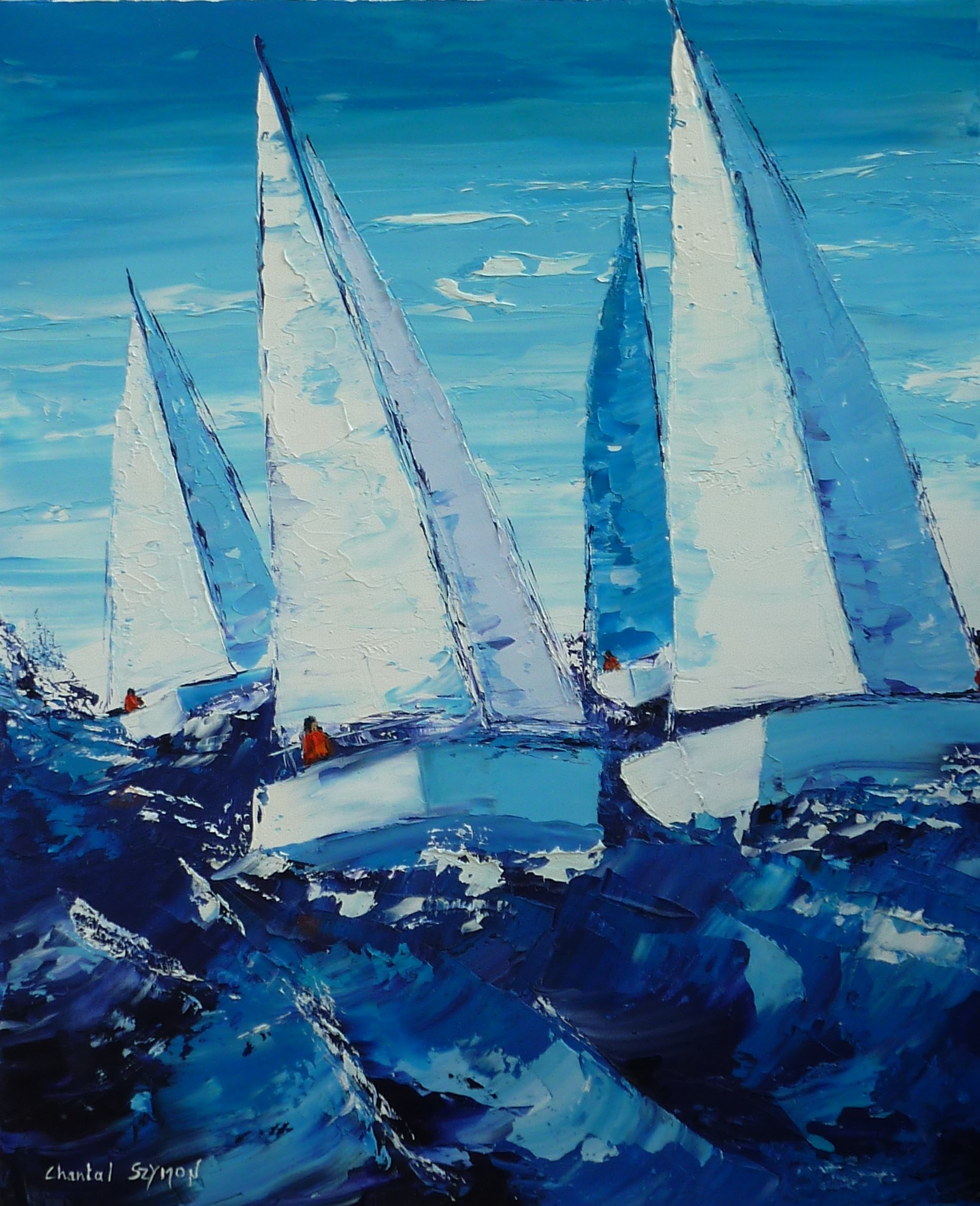 chantal szymoniak artiste peintre peinture a lhuile peinture au couteau ocean mer bateau voiliers regate course de bateau bleu tempete camaieu de bleu