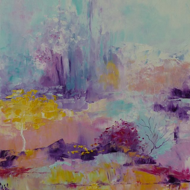 paysage abstrait chantal szymoniak couleurs pastelles peinture a lhuile au couteau arbre jaune rose peinture jaune painture mauve nature foret