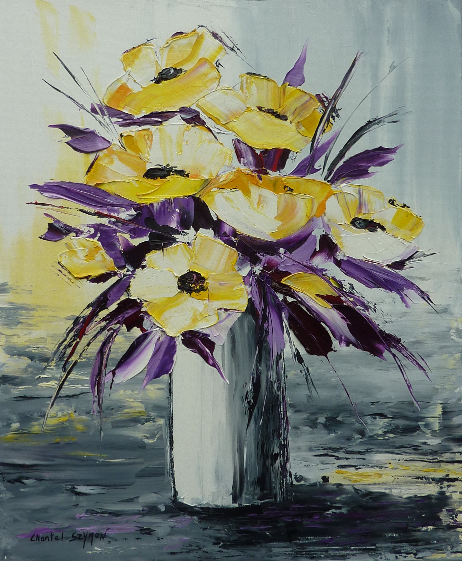 chantal szymoniak artiste peintre peinture a lhuile bouquet fleurs jaunes vase de fleurs peinture au couteau tableau a lhuile tableau gris jaune violet