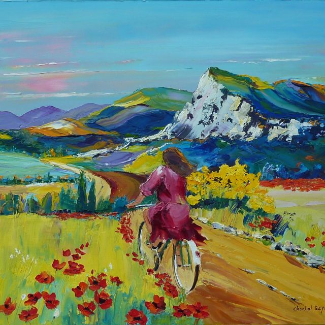 chantal szymoniak geyer artiste paintre christian jequel coquelicots fleurs olivier peinture au couteau cycliste vélo dans la campagne robre rougecueillette femme au chapeau