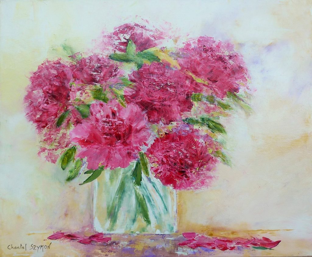 pivoines chantalszymoniak artiste peintre bouquetdefleur peinturealhuile peintureaucouteau rose printemps