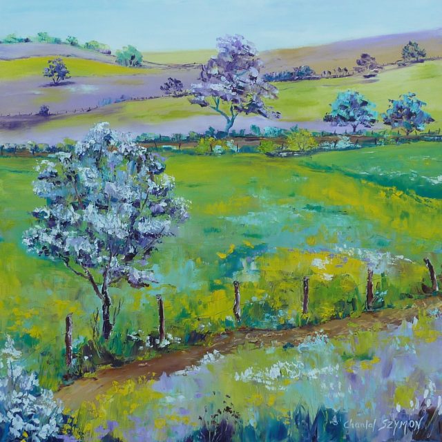 serenite peinture a lhuile paysage peinture eu couteau chantal szymoniak chantal geyer artiste paysager paysage peint campagne arbre bleu